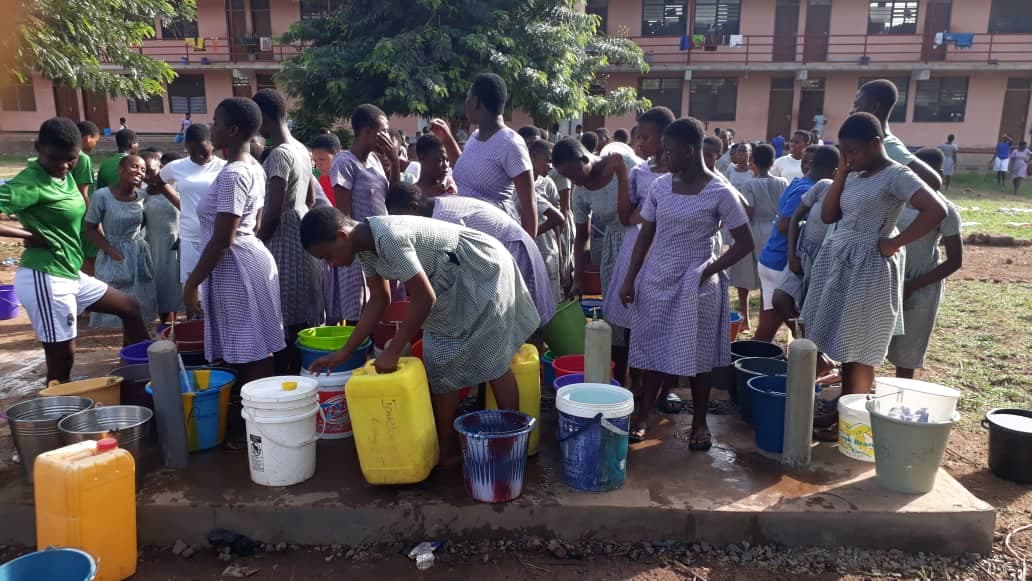 Students fetching water from the borehole at Tsito-Awudome Secondary Technical School